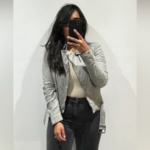 Patrizia Pepe Leather Biker Jacket Grey Zip Detail Size 40/4 US